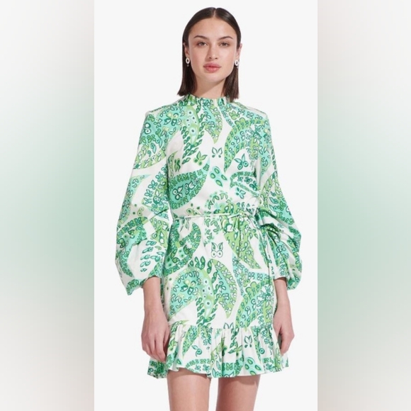 STAUD Carolina Green Paisley Cotton High Neck 3/4 Sleeves Mini Dress w Pockets 2 STAUD Carolina Green Paisley Cotton High Neck 3/4 Sleeves Mini Dress w Pockets 2